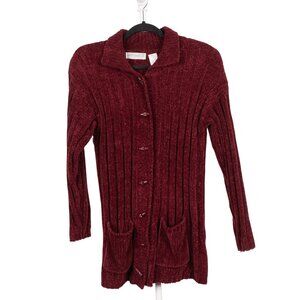 Carolyn Taylor Sweater M Red Burgundy Toggles Long Grammacore Cottage Cozy Egypt